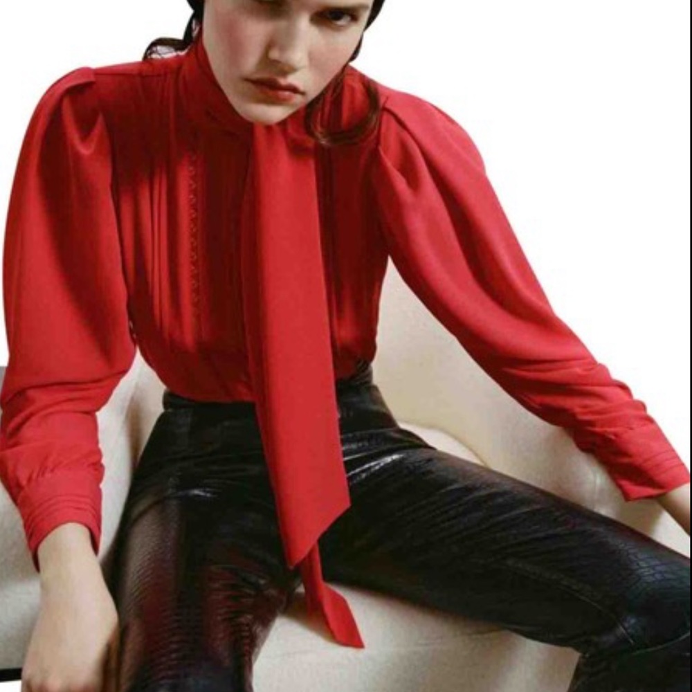 Zara Flowy Lace Detail Shirt Blouse Red - Picture 2 of 11